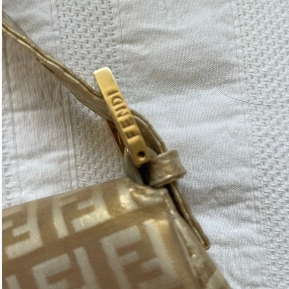 Fendi Baguette Double Flap Bag Zucca FF Canvas Coated Gold Authentic Vintage - Picture 4 of 11
